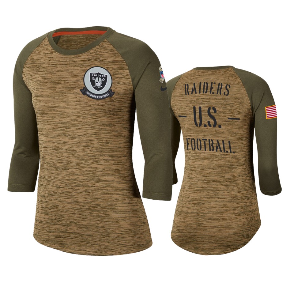 Women's Oakland Raiders Khaki 2019 Salute to Service Legend Scoopneck Raglan 3/4 Sleeve T-Shirt(Run Small)